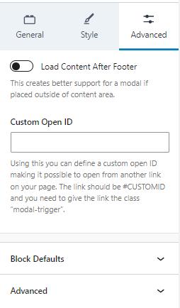 Modal Advanced Tab Settings