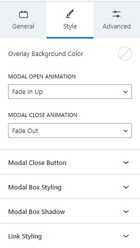 Modal Block Style Settings