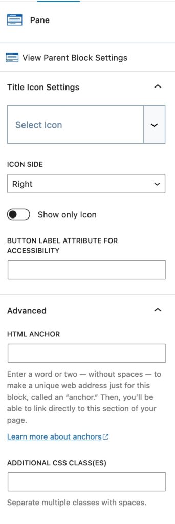 Pane Block Settings