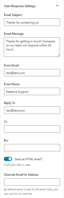 Kadence blocks 3 form auto response settings