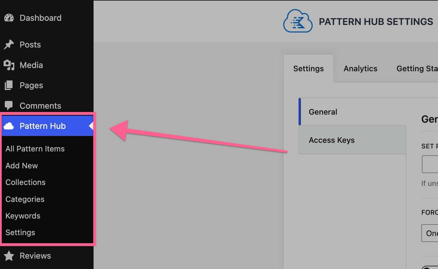 Pattern hub menu item