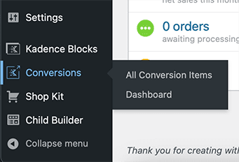 Kadence Conversions navigation.