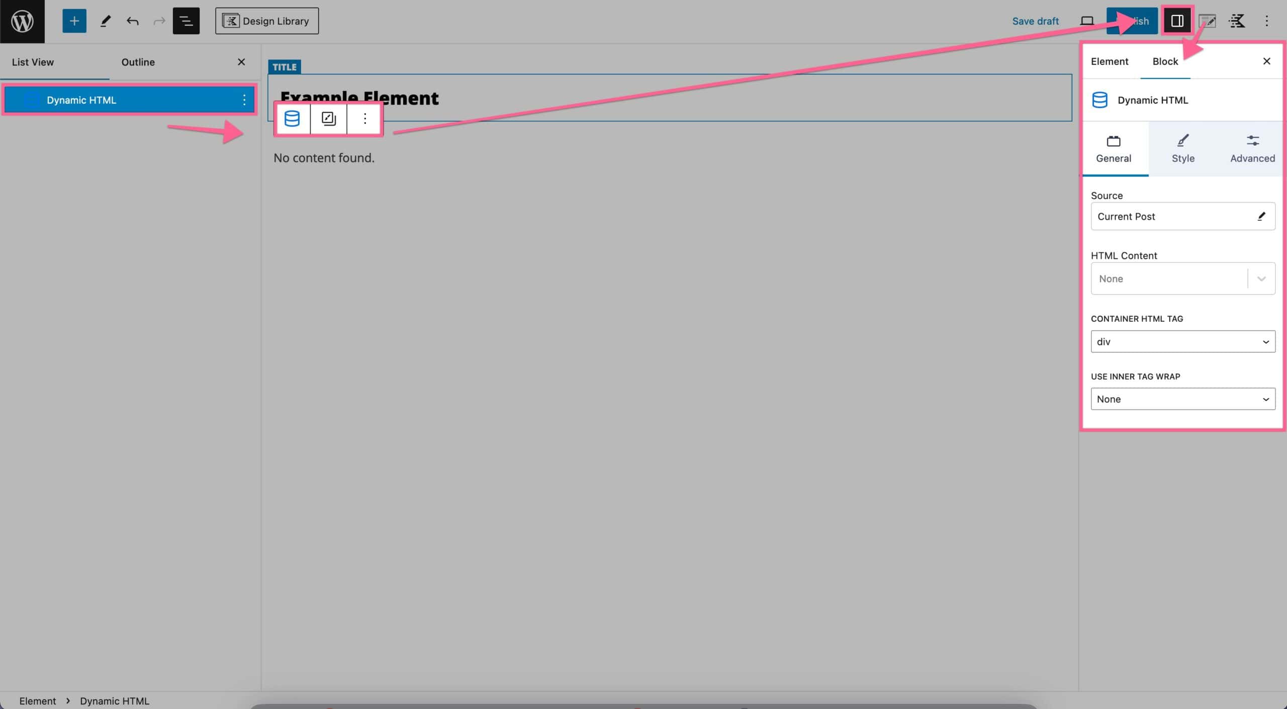 Dynamic HTML Block Settings