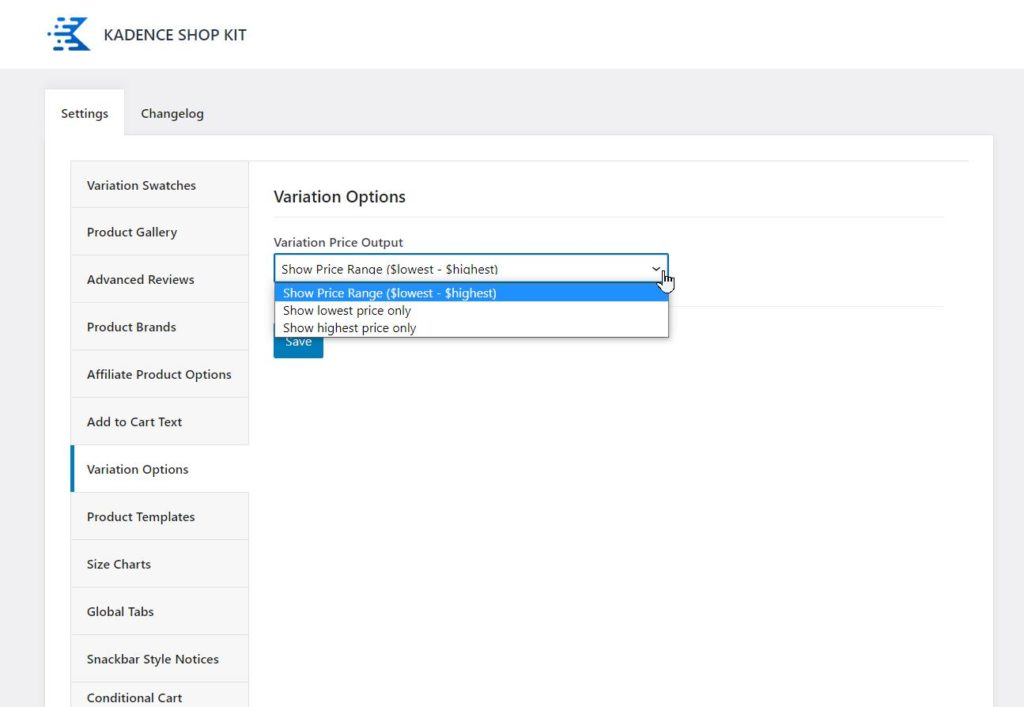 Shop Kit Variation Options Output Options