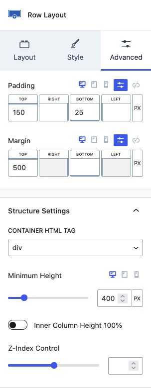 Row Layout Block Advanced Settings