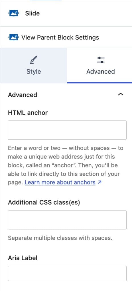 Advanced Slide Block Settings