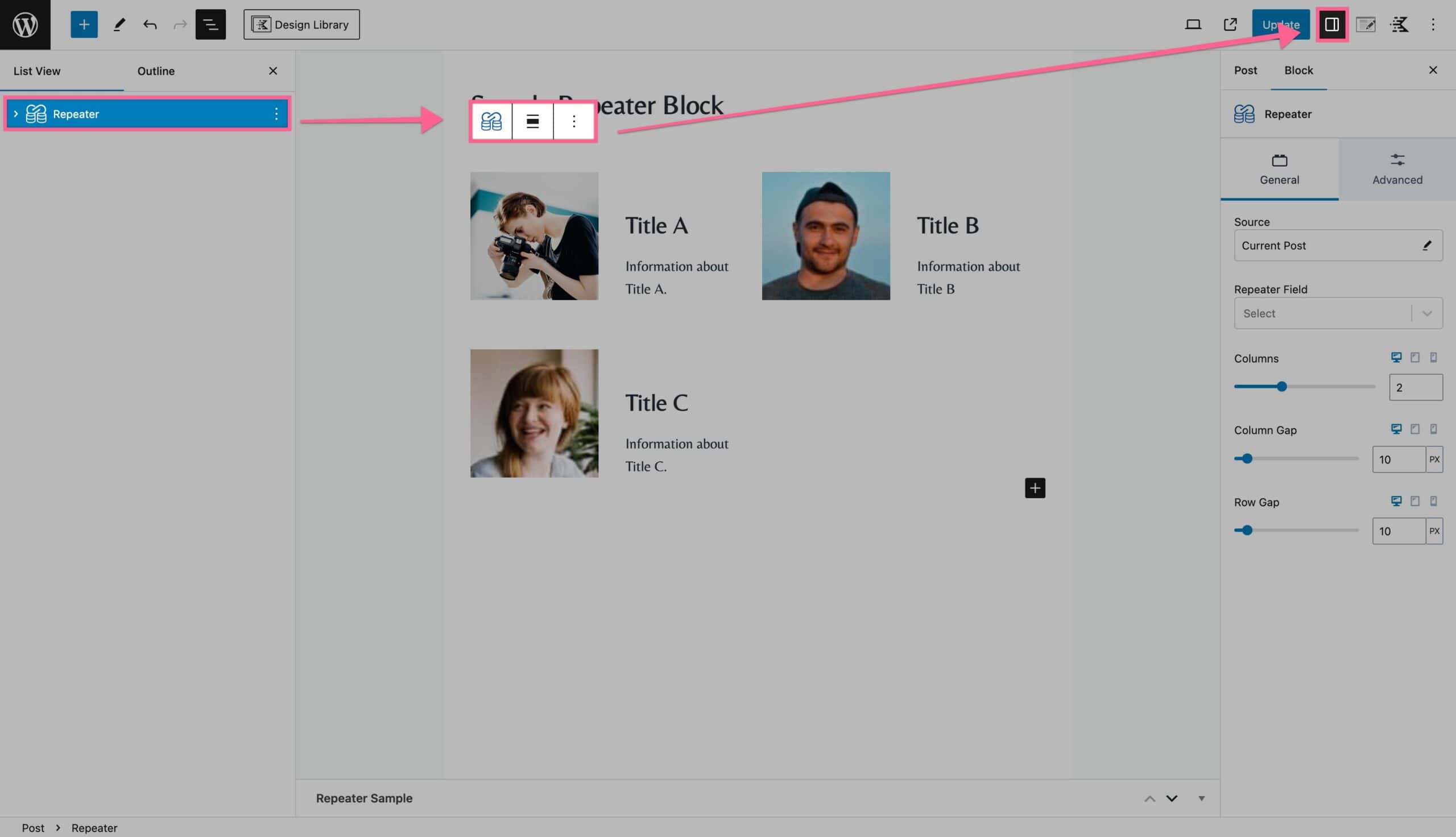 Repeater Block Settings