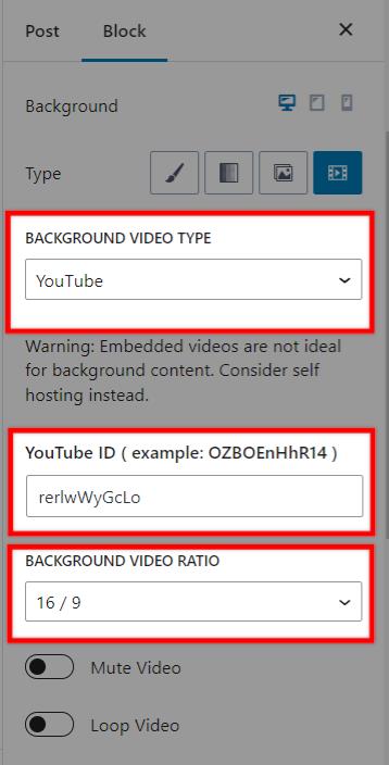 Row Layout Video Background YouTube settings