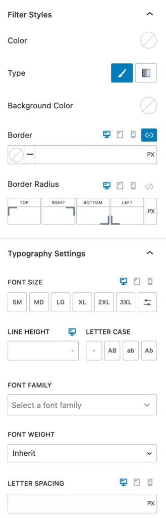 Filter Buttons Styles Settings B