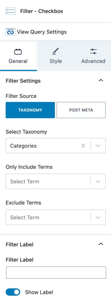 Filter Checkbox General Settings A