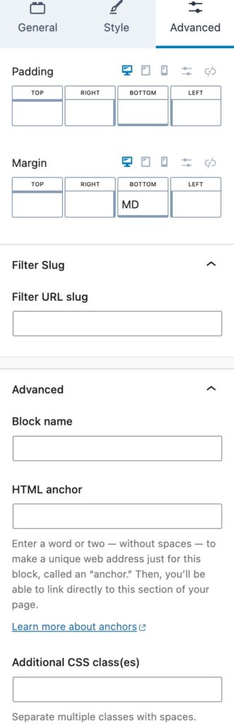 Filter Dropdown Advanced Settings