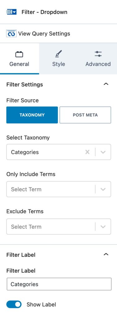 Filter Dropdown General Settings A