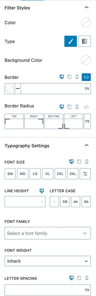 Filter Dropdown Style Settings