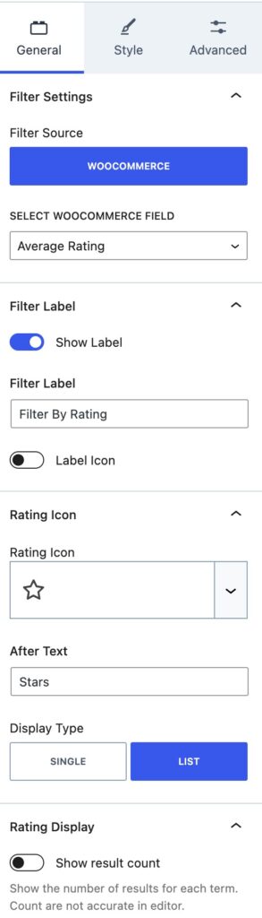 Filter Rating General Settings