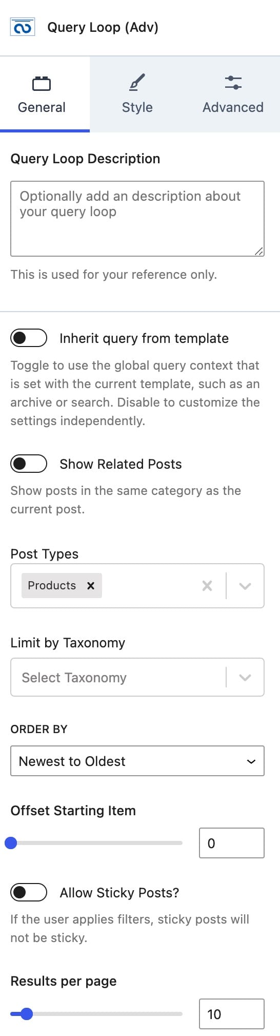 Query Loop Block General Settings