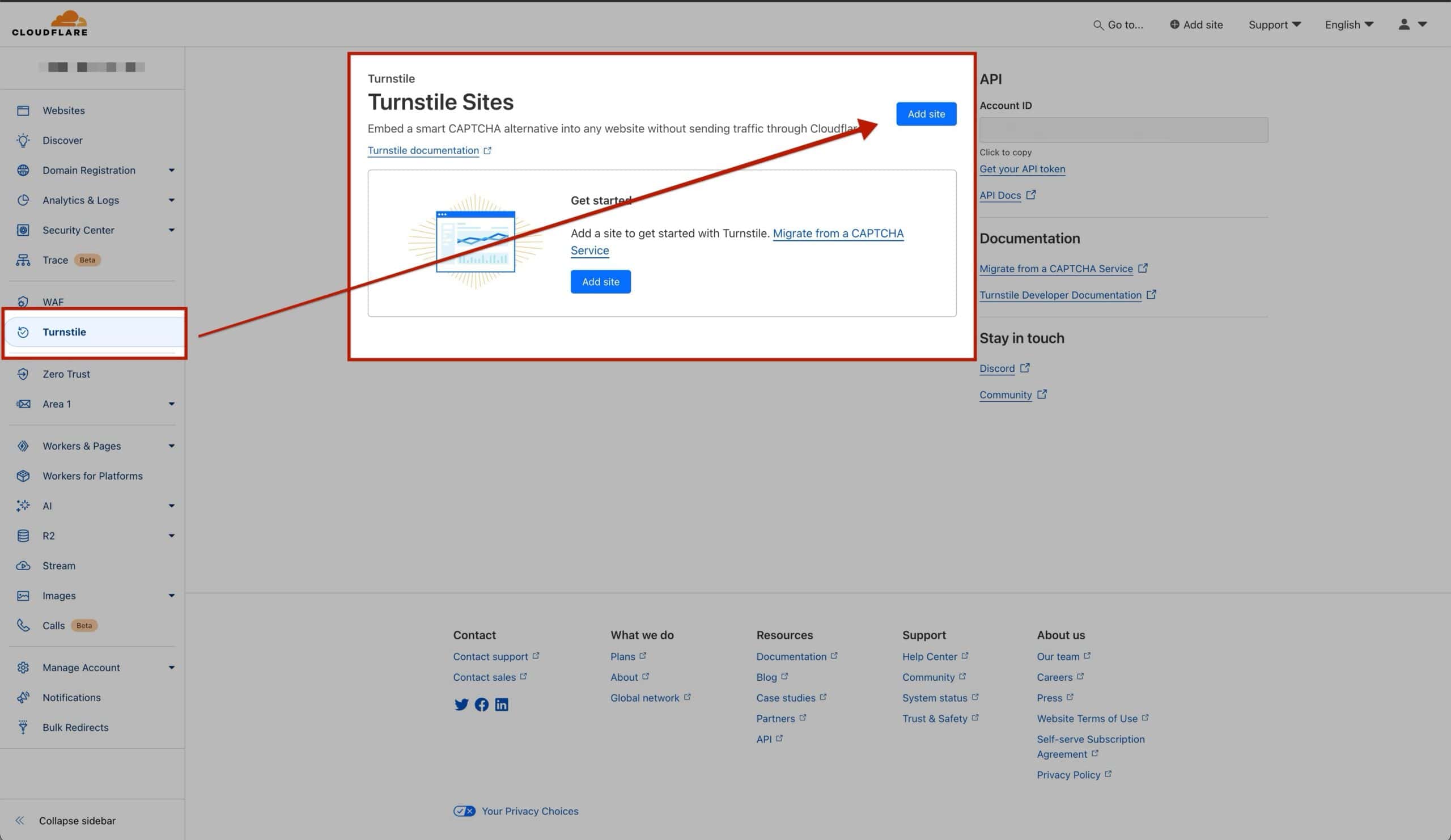 Cloudlfare Turnstile add a site