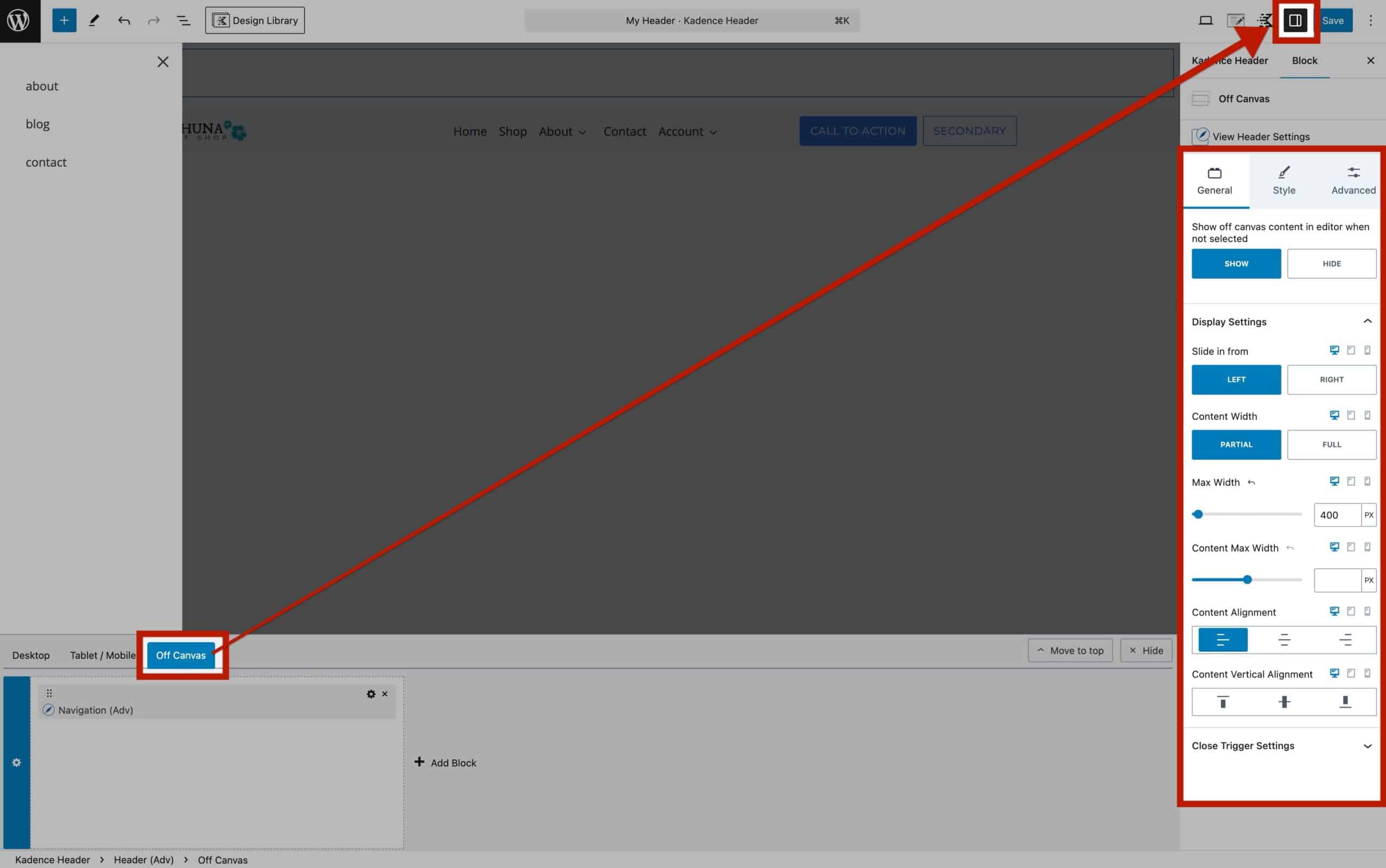 Off Canvas Block Settings