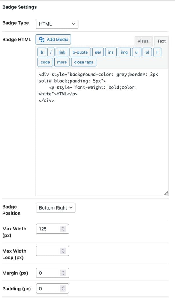 Custom HTML Badge Settings