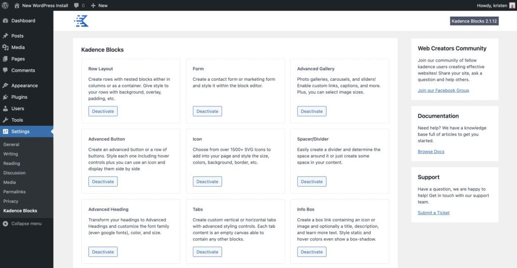 kadence blocks settings