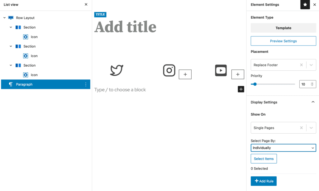 kadence elements templates replacing footer on an individual page