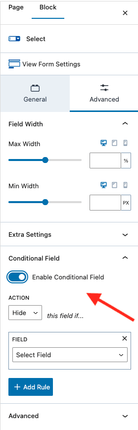 Screenshot from Kadence Blocks settings with arrow pointing to "Enable Conditional Field"