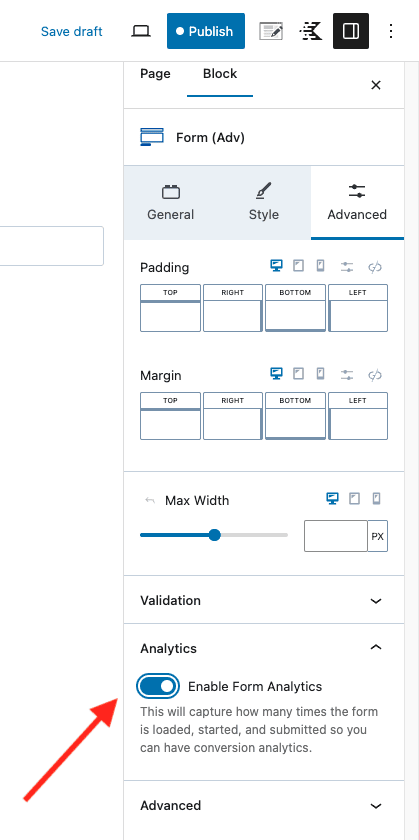 Screenshot from Kadence Blocks settings with arrow pointing to "Enable Form Analytics"