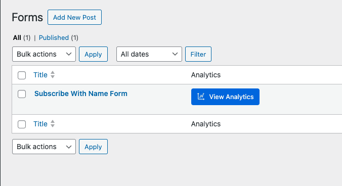 Screenshot of WordPress backend showing Kadence Advanced Form results with button that says "View Analytics"